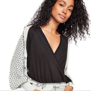 Free People Auxton Black Thermal Tie Waist Wrap V Neck Panel Sleeve Blouse